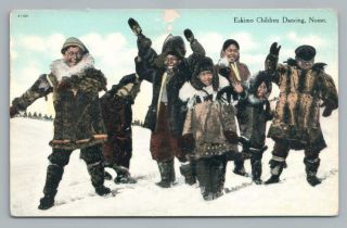 Eskimo Dancing Children Antique Inuit Natives Nome Alaska Corklin Postcard 1910s