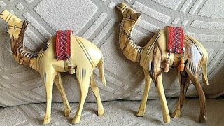 2 Olive Wood Nativity Camels Hand Carved 61/2 " W X 7 " T Wow