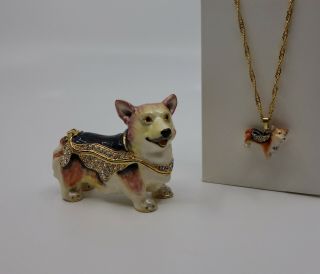 Wow Corgi Dog Bejeweled Trinket Box With Matching Necklace