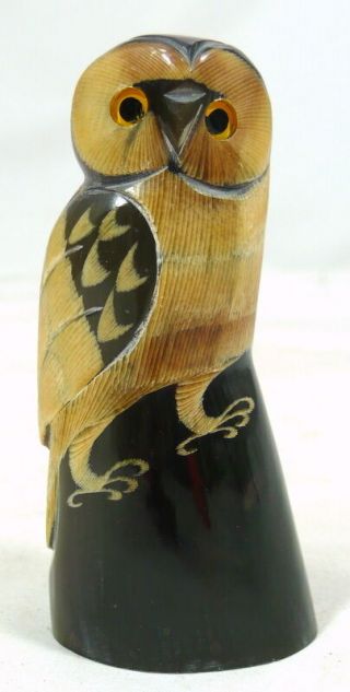 Handcrafted Owl Sculpture Carved Buffalo Black Horn Ns16