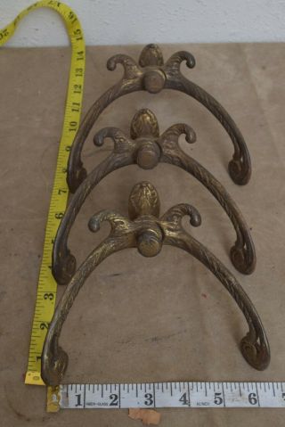 Antique Set 3 LARGE Ornate Victorian Coat/Hall Tree Hooks Double Arm Cast Brass 2