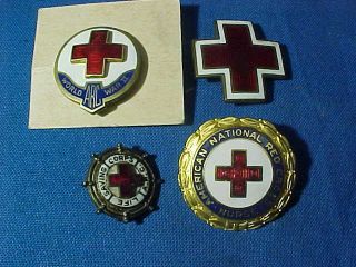 4 Vintage American Red Cross Enameled Pins Various Styles - Wwii Service,