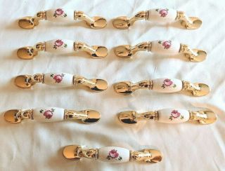 9 Vintage Cabinet Drawer Pull Handles Brass White Ceramic Country Floral Print