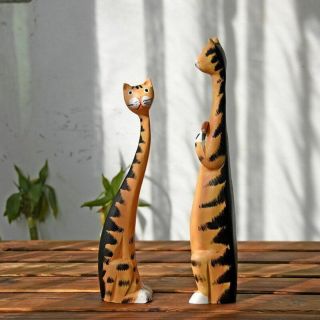 Cat Sculpture Wooden Statue Creative Accessories Vintage Kitten Home Decorations