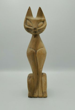 Vintage Mid Century Modern Siamese Cat Carved Wooden Seated Kitty Figurine 13.  8 "