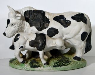 Vintage 9 " Hand Painted Porcelain Cow With Bull Calf Great Office Display Statue