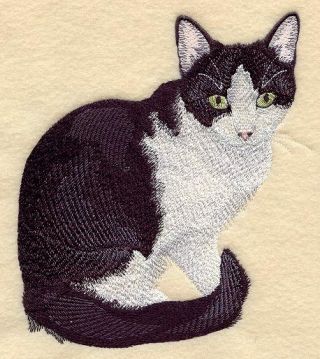 Embroidered Short - Sleeved T - Shirt - Black & White Tuxedo Cat C7937 Sizes S - Xxl