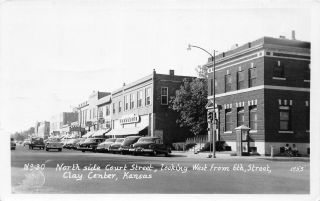 H43/ Clay Center Kansas Rppc Postcard C1940s Court Street Stores Autos