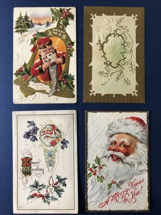 4 Santa Christmas Antique Postcards Collector Items.  Embossed & Gold Trim.