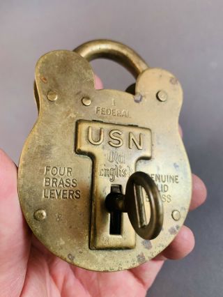 Rare Antique Federal Old English Usn Large Solid Brass Padlock Key W Bell & Sons