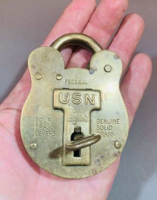Rare antique Federal old English USN large Solid Brass Padlock Key W Bell & Sons 2