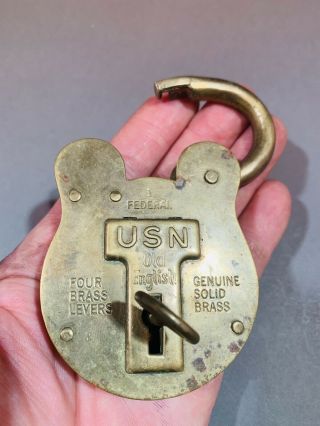 Rare antique Federal old English USN large Solid Brass Padlock Key W Bell & Sons 3