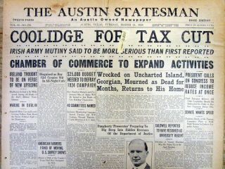 1924 Headline Newspaper Republican President Calvin Coolidge Supports A Tax Cut