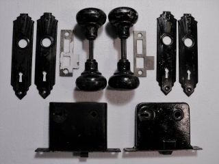 Pair Antique Vintage Mortise Lock Set Black Steel Door Knobs & Plates