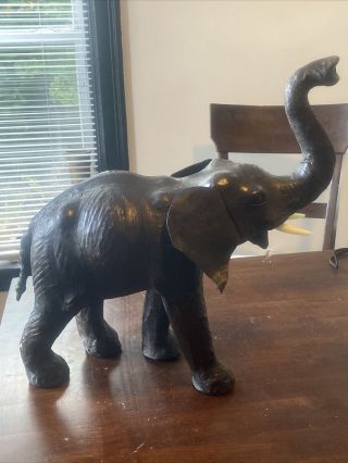 Vintage 15” Tall Leather Wrapped Trunk Up Elephant Statue Figurine Decor.