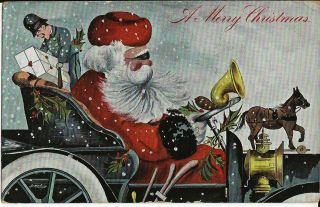Santa Claus Driving An Early Automobile With Toys
