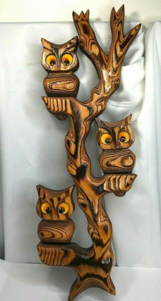 Carved Witco Owl Cryptomeria Wood Wall Art Tall 3 Owls Mid Century 20 " Tall Vtg