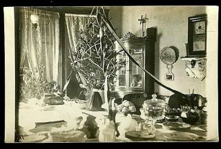 Early 1900`s Real Photo Postcard Of An Antique Christmas Tree And Decorations
