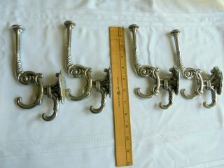 Set Of 4 Vintage Large Nickel Plated Cast Iron Victorian Style Coat Hooks