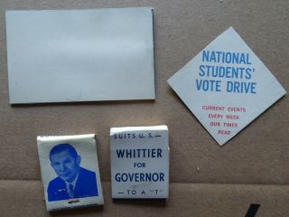 1960 Political Items VOLPE MATCHES,  Whittier/IKE Golf Tees,  STUDENT VOTE TAG etc 2