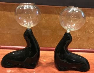 Pottery Vintage Ceramic Black Seal Figurine Fish Bowl Stand Set Of Two