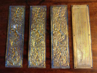 Antique pressed brass reclaimed door finger plates.  Set of 3 plus 1 extra 2