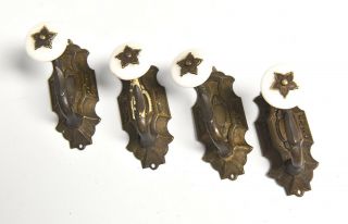 4 Vintage Victorian Style Brass With Porcelain Tips Hat Or Coat Wall Mount Hooks