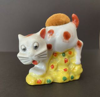 Vintage Halloween Scaredy Cat Polka Dot Ceramic Pin Cushion Made In Japan