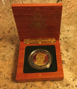 2 Trump Coin Challenge In Wood Box Pres Inauguration Eagle Seal Gold Enamel =two