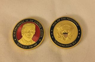 2 TRUMP COIN CHALLENGE in WOOD BOX PRES INAUGURATION EAGLE SEAL GOLD ENAMEL =TWO 2