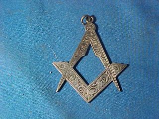 Orig 19thc Masonic Lodge Sterling Silver Compass,  Square Pendant