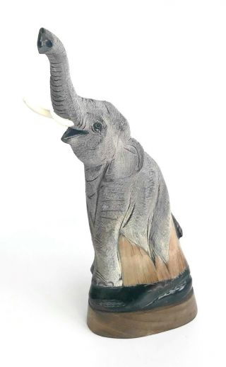 Hand Carved Water Buffalo Horn Scrimshaw Elephant Carving 11.  5 " Tall Usa Seller