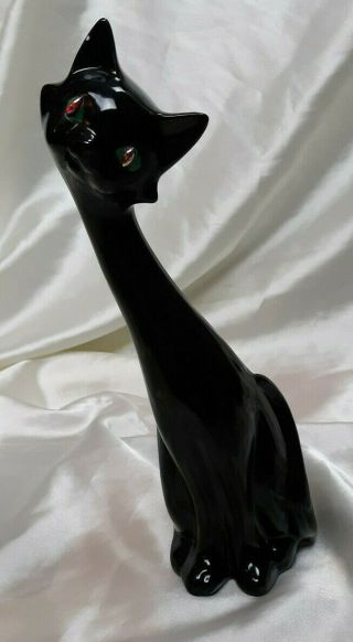 Vintage Mid - Century Ceramic Black Cat Figurine Long Neck Kitty Mcm Mod Retro 11 "