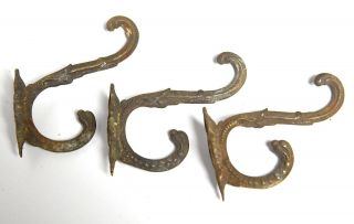3 Brass Matching Vintage Metal Victorian Style Hat Or Coat Hooks