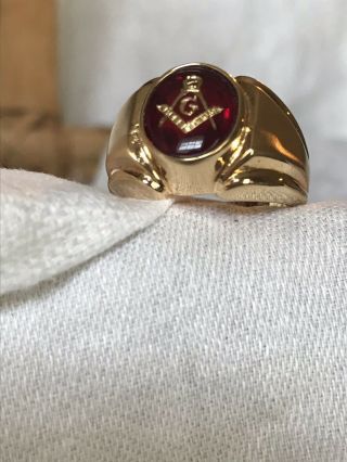 MASONIC LODGE RING RED OVAL STONE 18K HGE GOLD CLASSIC STYLE SIZE 11 MADE IN USA 2