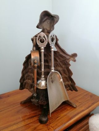 Vintage Art Deco Crinoline Lady Hearth Brush & Stand Fireside Companion Set 2
