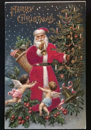 Patriotic Silk Santa Claus With Angels Usa Flag Antique Christmas Postcard - C563