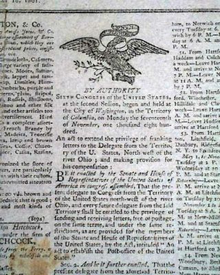 Thomas Jefferson John Adams Act Of Congress Northwest Territory 1801 Newspaper