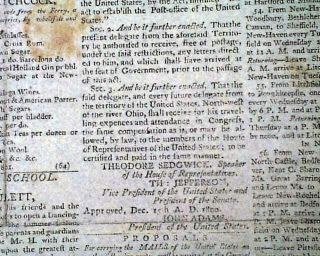 THOMAS JEFFERSON John Adams Act of Congress Northwest Territory 1801 Newspaper 2