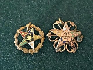 2 Antique 10k Solid Gold Enamel Order Eastern Star Oes Pins 5/8 "