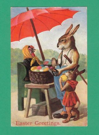 1908 Easter Postcard Dressed Rabbits Buy Colored Eggs Lady Chick Outdoor Market
