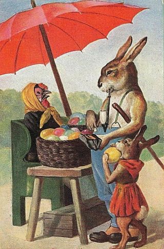 1908 EASTER POSTCARD DRESSED RABBITS BUY COLORED EGGS LADY CHICK OUTDOOR MARKET 2