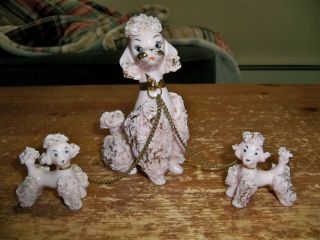 Vintage Napco Animal - - Spaghetti Poodle With 2 Puppies On Chain - - Japan G4179