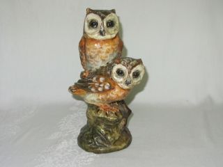Ceramic Art Pottery Figurine 2 Owl On Branch Vintage Italy Terra Cotta