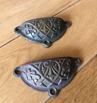 Two Brass Antique Drawer Pull Cup Handles Brass Reclaimed Victorian (a9)