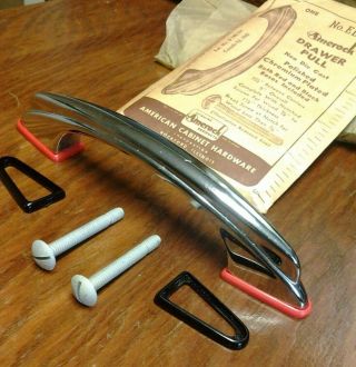 Vintage Nos Heavy Chrome Drawer Cabinet Pull Handle W/ Red & Black Bases Amerock