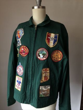 1950’s Boy Scout Green Cotton Windbreaker Jacket 25 Patches 1954 - 1964