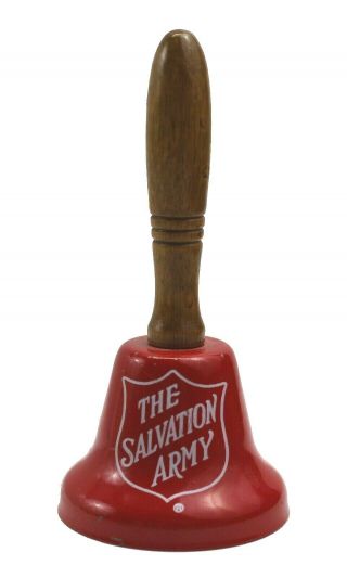Vintage Salvation Army Red Mini Miniature Hand Bell With Wooden Handle 4.  25 "
