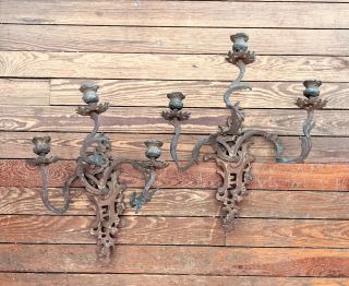 Antique Rococo Style Patinated Metal (gilt Bronze?) Candle Wall Sconces