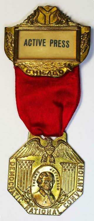 1932 Active Press Lapel Medal - Democratic National Convention - Pinback & Ribbon 2